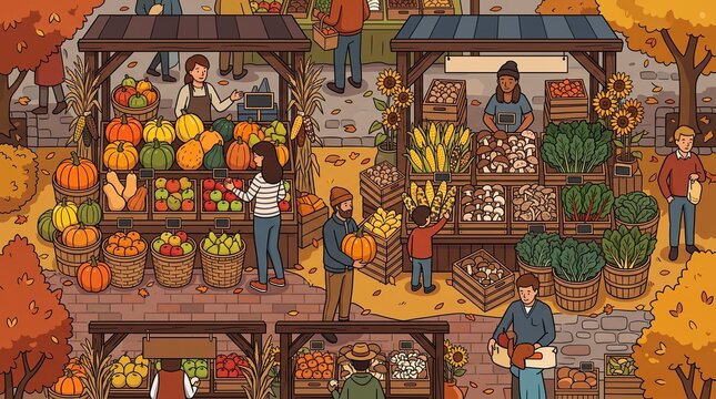Top View Autumn Farmers Market Cartoon Illustration with Seasonal Produce