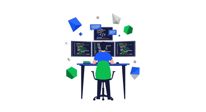 Software Developer Coding on Multiple Monitors Vector Illustration, Programmer Working at Professional Workstation with Code Screens and Abstract Geometric Elements