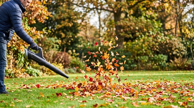 Man using leaf blower clearing fall leaves in a colorful garden  
