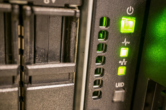 Server Hardware Close-Up with Green Power LED Indicators