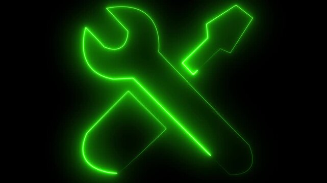 Green neon glowing wrench and screwdriver tools icon animation on black background representing service repair maintenance setup optimization technical support web development