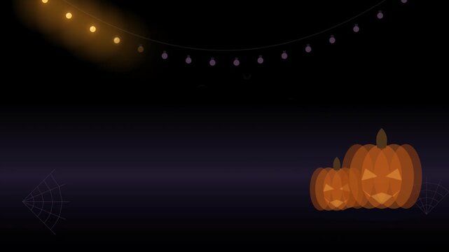 Festive Halloween string lights illuminate in a smooth sequential glow animation with glowing pumpkins, spooky decorations, and atmospheric seasonal background. Premium seamless looping motion graphic