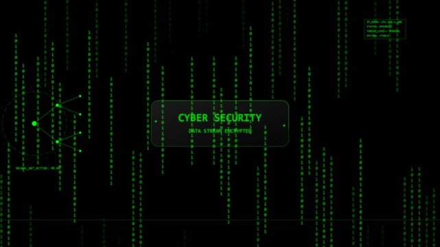 Green digital binary code matrix falling animation for cybersecurity systems, network protection, data privacy and secure server monitoring background