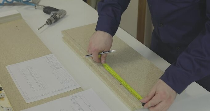 A furniture maker in blue workwear measuring a particle board part with a tape measure on a workbench in a manufacturing workshop. Furniture factory