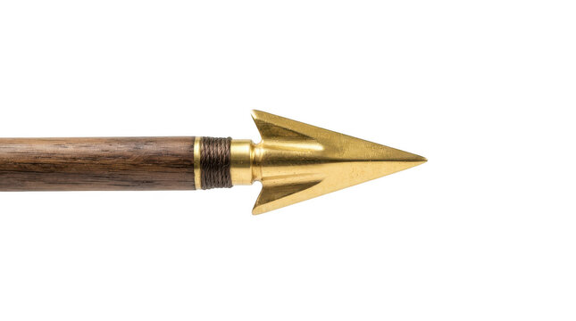 Closeup of a wooden arrow with a golden arrowhead and thread winding isolated on transparent background