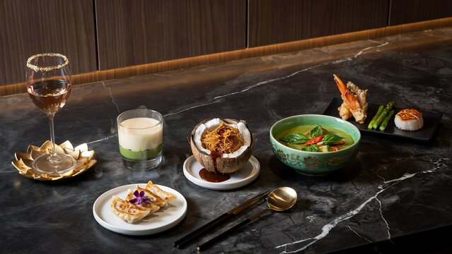 Luxury thai fusion dinner marble table setting high resolution picture