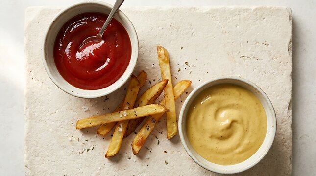 Crispy french fries with bowls of red ketchup and yellow mustard sauce on a textured stone board. mustard ketchup combo