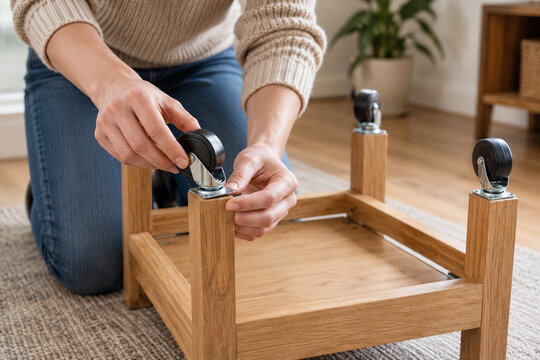 Adult positioning caster on upside down wooden trolley
