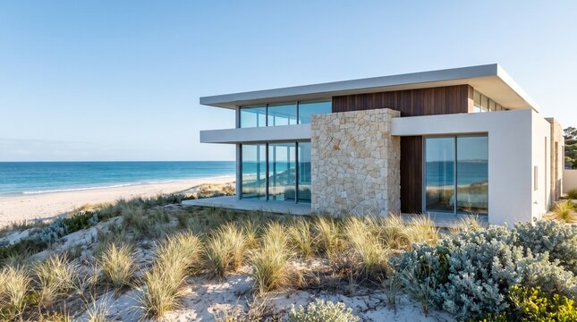 Minimalist modern house situated directly on sandy coastal dunes next to a calm turquoise sea.
