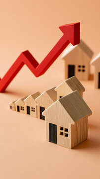 Real estate market decline concept with wooden miniature houses descending in size beneath a downward red arrow on a bright peach background property market falling prices