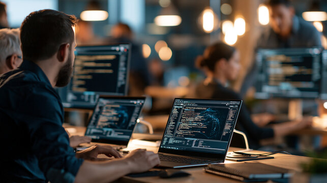 Rear view of software engineers team developing autonomous AI agents and agentic terminal coding in a bright coworking space with laptops and large screens faces out of frame