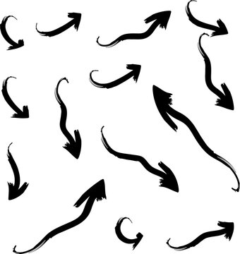 Brush stroke curved arrow set with black ink textures for creative design layouts