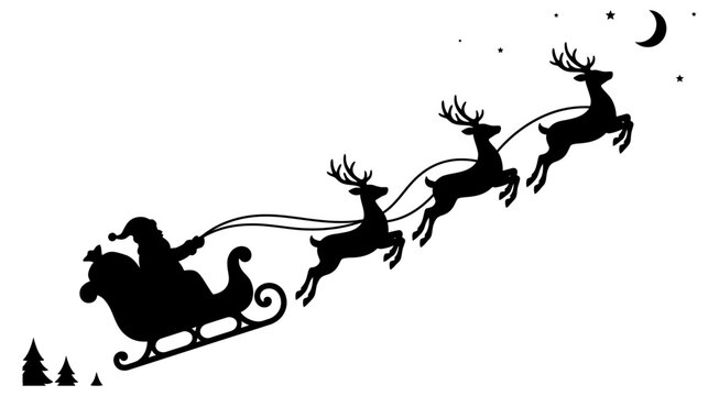 Black silhouette of santa claus flying in his sleigh with reindeer across the night sky at christmas