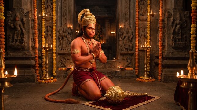 Lord Hanuman in prayer posture inside a traditional Hindu temple