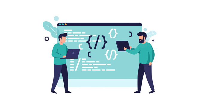 Software Development Team Working on Website Coding and Programming Flat Vector Illustration
