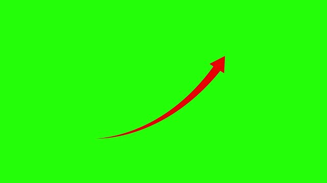 Animated curved red arrow pointing upward on a green screen background for business growth progress, stock market success chart, profit increase concept, modern video editing, chroma key