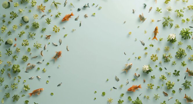 An abstract depiction of aquaponics agro systems showcasing harmonious interactions between fish and plants; ample negative space offers a clean template for advertising concepts.