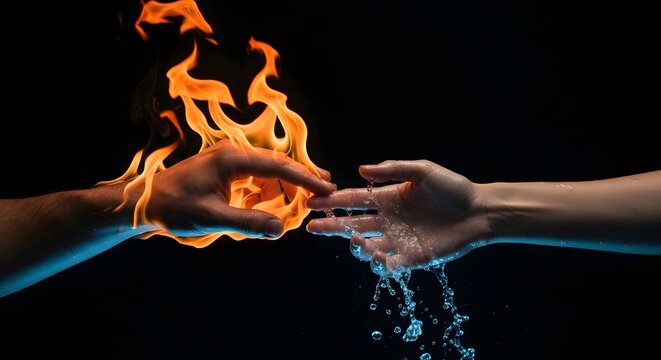 Two hands reaching towards each other with one hand surrounded by fire and the other by water against a black background.