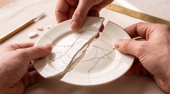 Restoring broken ceramic plate holding two halves together art project.