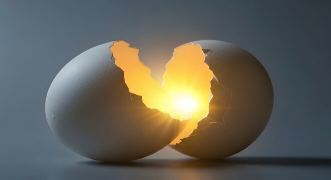A broken white eggshell glowing brightly from the inside on a neutral background.