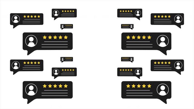 Chat bubbles emerge from both sides with varied shapes, five-star ratings, and profile avatars. Designed for customer feedback, messaging UI, and reviews