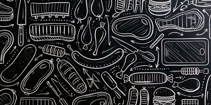 White chalk-style illustrations of various meats, sausages, burgers, and kitchen tools on a black background, creating a bold, graphic food-themed pattern.
