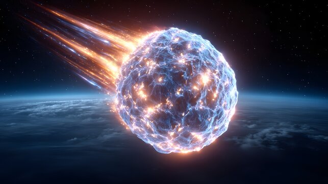 Glowing Meteor Blazing Through Space Above Earth