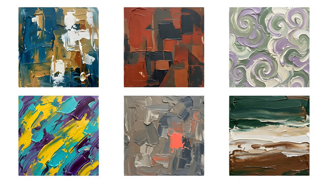 Collection of six abstract expressionist paintings with bold color palettes