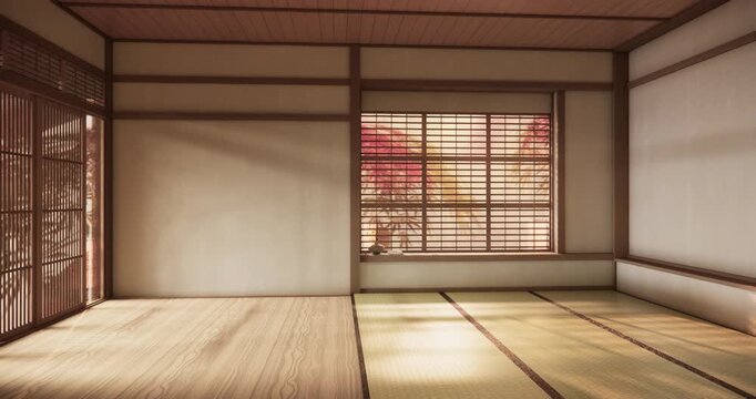 Autumn, Japanese style window and Japanese room with tatami mats on the floor and cabinet decor.3D rendering