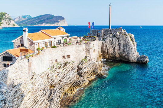 Gorgeous picturesque view on old medevial fortress on cliff in Petrovac, Montenegro