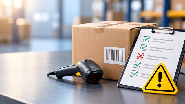 Cardboard box package with a barcode and scanner next to a clipboard checklist showing a red cross mark and a yellow warning triangle in a warehouse setting