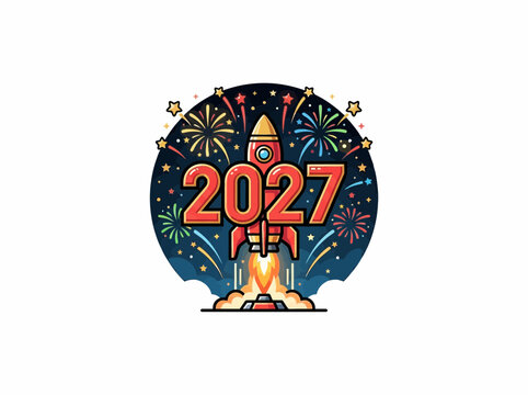 Rocket Launching With Fireworks And 2027 In A Festive Circular Badge On A Dark Night Sky Background For Celebration Design Vector Illustration
