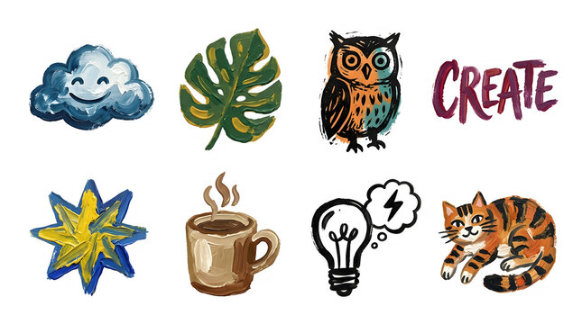 Collection of colorful hand drawn sticker style illustrations with creative themes