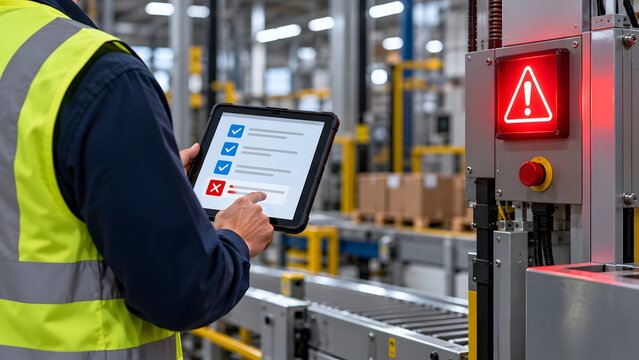 Industrial factory worker using a tablet for quality control inspection next to a red glowing warning sign on production machinery