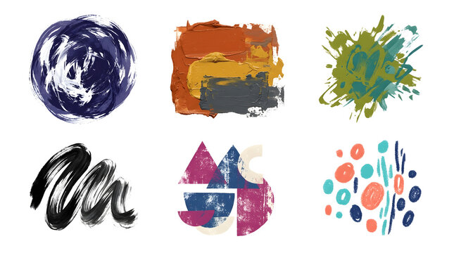 Collection of abstract watercolor brush strokes isolated against a dark black background