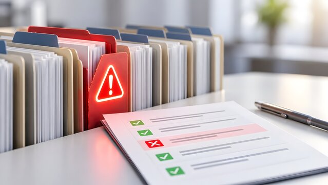 Physical file folders in a rack with one glowing red warning folder next to a printed checklist document showing a red cross mark error