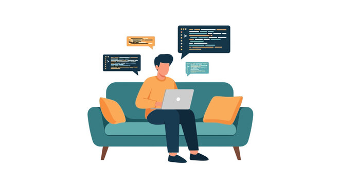 Software developer working on laptop sitting on a sofa with floating code snippets, remote work and home office flat vector illustration