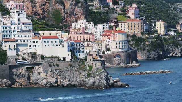 Cinematic Panoramic View of Atrani Town on Amalfi Coast Italy