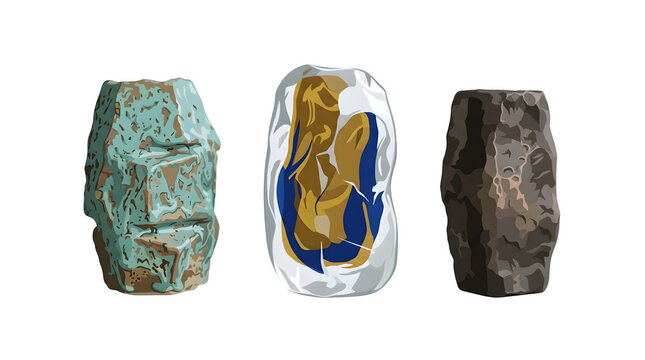 Three stylized ancient stone heads isolated on a black background