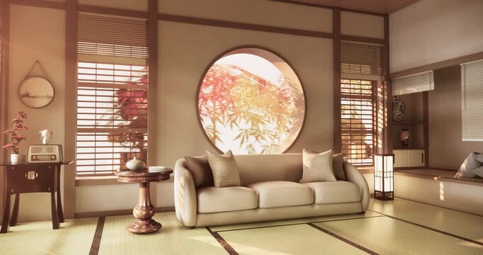 Autumn, Japanese style circular window and Japanese room with the tatami floor.3D rendering