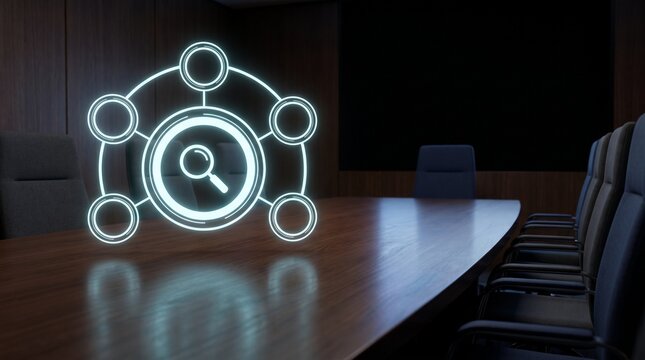 Artificial intelligence search concept with glowing network and empty conference room