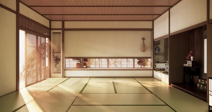 Autumn, Japanese style window and Japanese room with tatami mats on the floor and cabinet decor.3D rendering