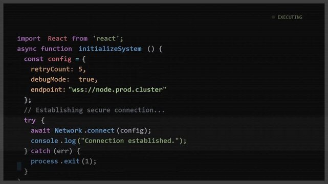Computer screen displaying lines of programming code on a terminal with dark theme interface, software development process, tech background