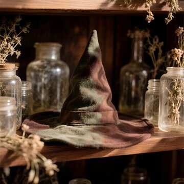 Witch hat displayed on wooden shelf surrounded by glass jars  