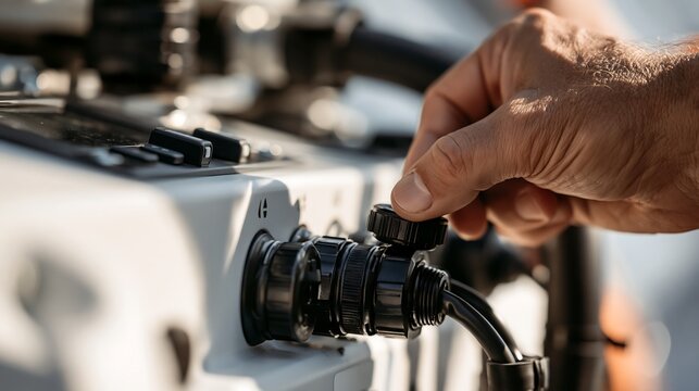 A person's hand precisely turns a black adjustment knob on an electronic device, isolated on transparent background. This image represents control and fine-tuning technology.