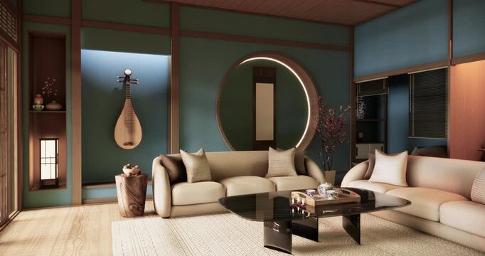 blue room Autumn concept on Living room Japanese style with white wall with floor tatami mat  and table low japan Evokes a sense of warmth, fall background. 3d rendering