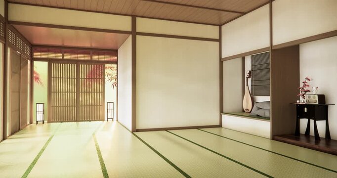 Autumn, Japanese style window and Japanese room with tatami mats on the floor and cabinet decor.3D rendering