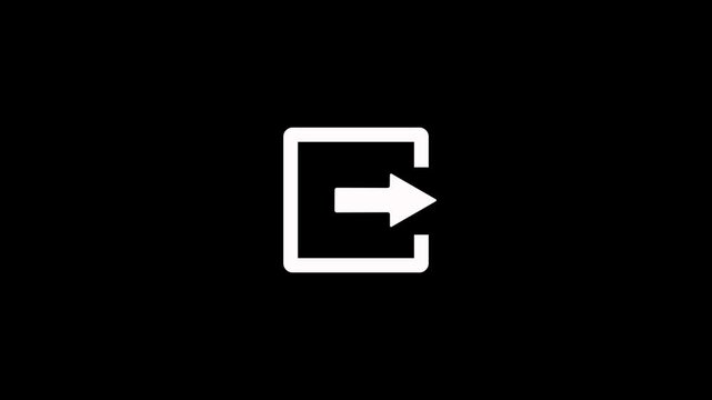 Exit icon with arrow animation on black background. Exit sign direction logout arrow animation for emergency, navigation and evacuation video concepts with alpha channel