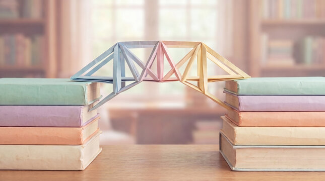 Pastel origami paper truss bridge connecting two stacks of colorful books on wooden table, connection, knowledge sharing and learning concept