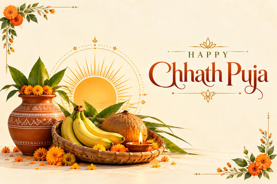 Happy chhath puja greeting card with traditional clay pot and festive offerings